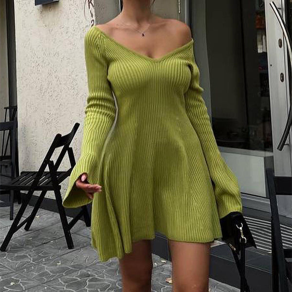 Sexy Slim V-Neck Long Sleeve Knitted Dress Fashion Tight High Elastic Ruffle A-Line Short Dresses Y2K Skirt Womens Clothing