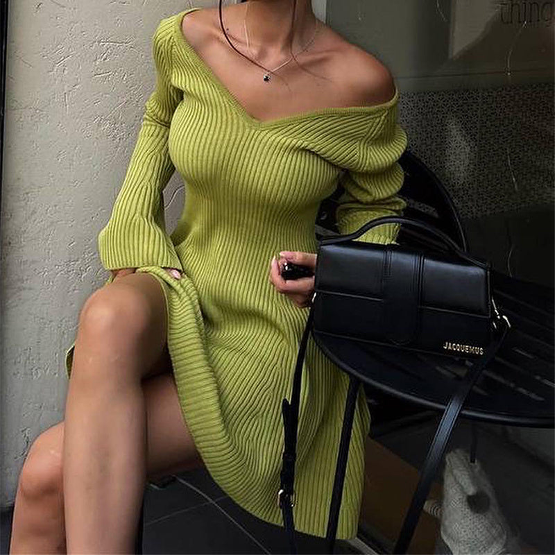 Sexy Slim V-Neck Long Sleeve Knitted Dress Fashion Tight High Elastic Ruffle A-Line Short Dresses Y2K Skirt Womens Clothing